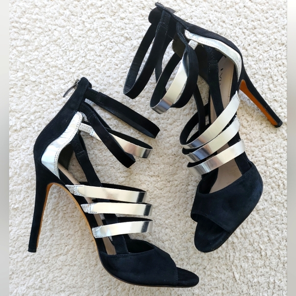 Via Spiga Black and Silver Strappy Heels - Picture 1 of 9